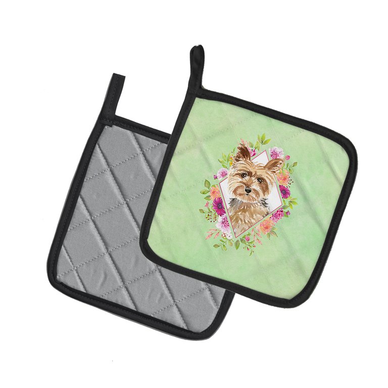 Yorkie Green Flowers Pair of Pot Holders