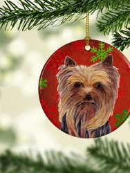 Yorkie Red and Green Snowflakes Holiday Christmas Ceramic Ornament
