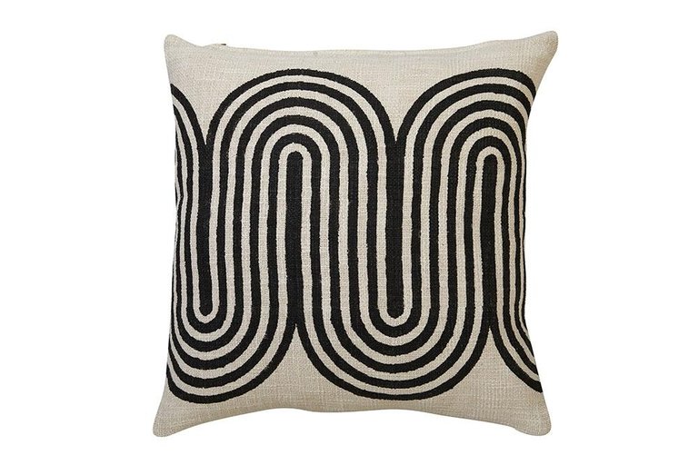 Block Printed Waves Throw Pillow, Black - 18x18 inch