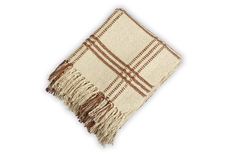 Cotton Boucle Large Check Pattern Throw Blanket - Brown