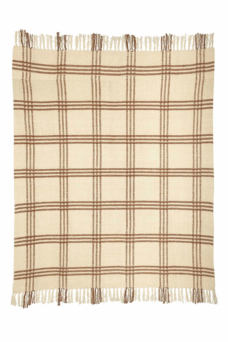 Cotton Boucle Large Check Pattern Throw Blanket - Brown