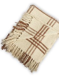 Cotton Boucle Large Check Pattern Throw Blanket - Brown