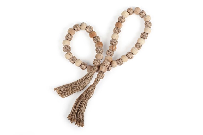 Fall Wooden And Jute Beads Garland With Jute Tassel, Round Beads