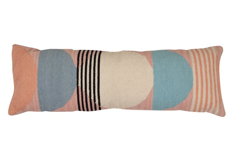 Handmade Circle Geo Lumbar Pillow, Multi- 12x34 Inch - Pink, Blue, White