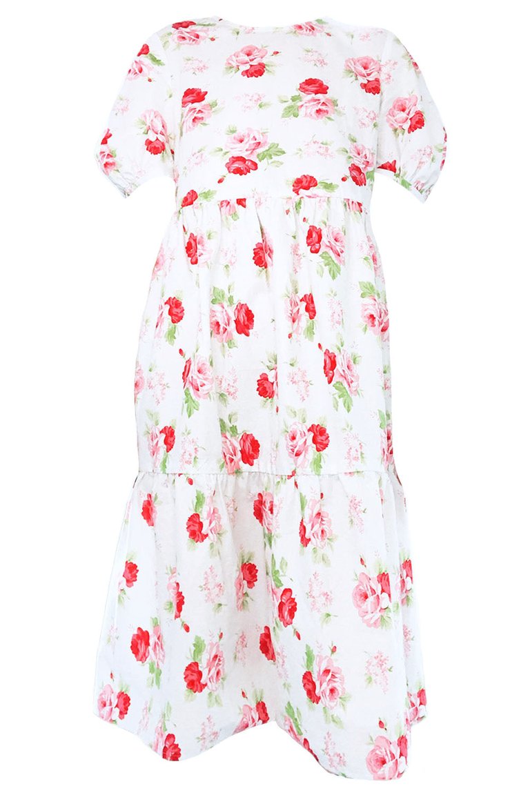 Madeline Dress in Pink and Red Rose - Pink & Red