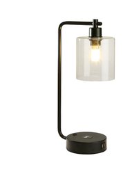 19" Clear Table Lamp With Wireless Charger And Glass Shade - Black