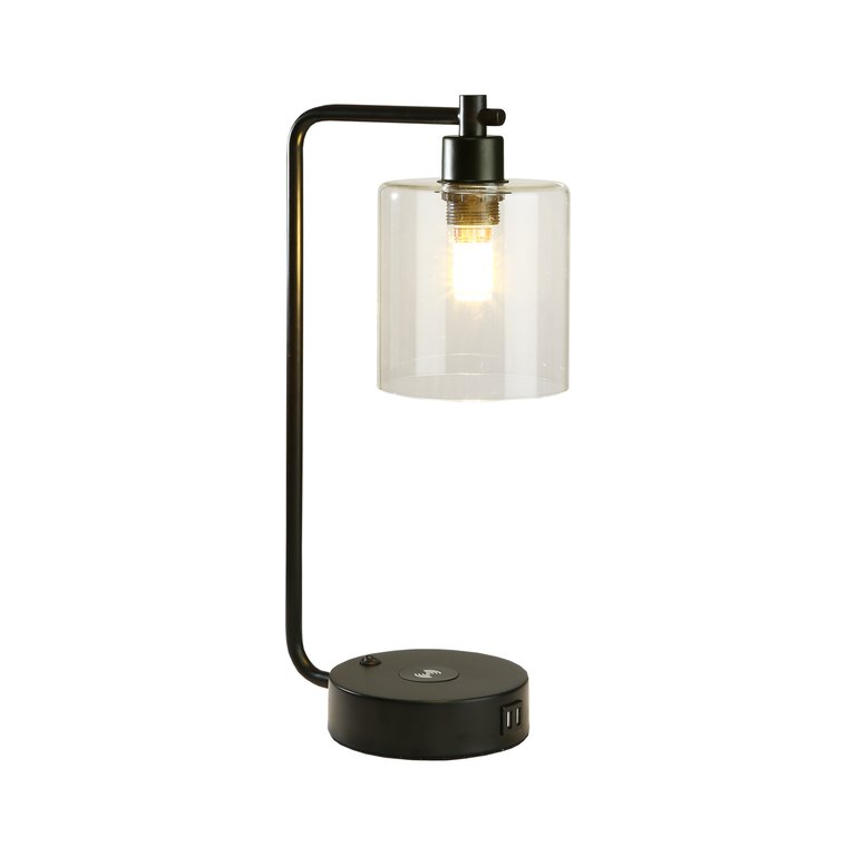 19" Clear Table Lamp With Wireless Charger And Glass Shade - Black