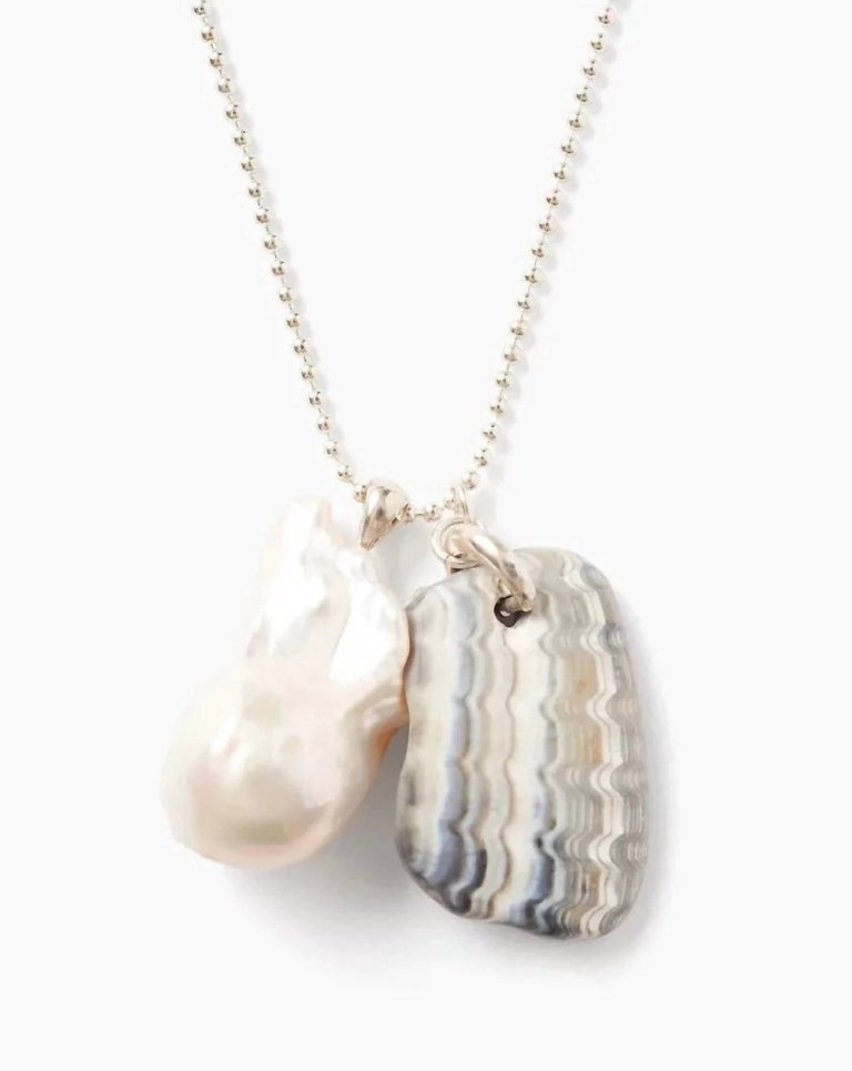 Fossilized Shell & Pearl Charm Necklace In Silver - Silver