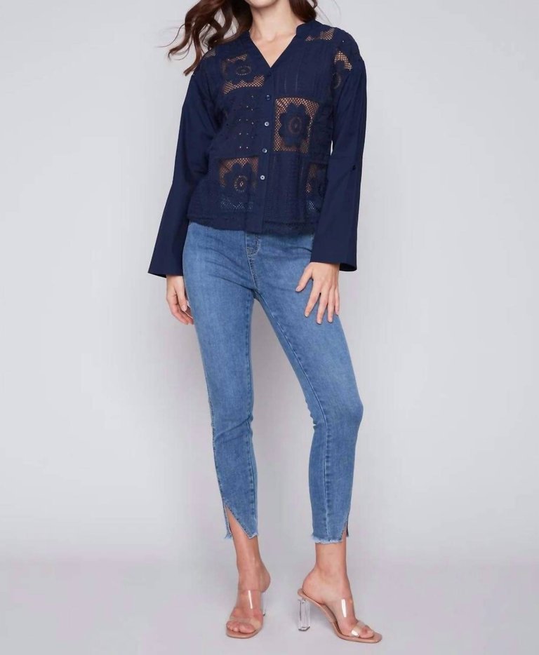 Eyelet Top In Navy - Navy