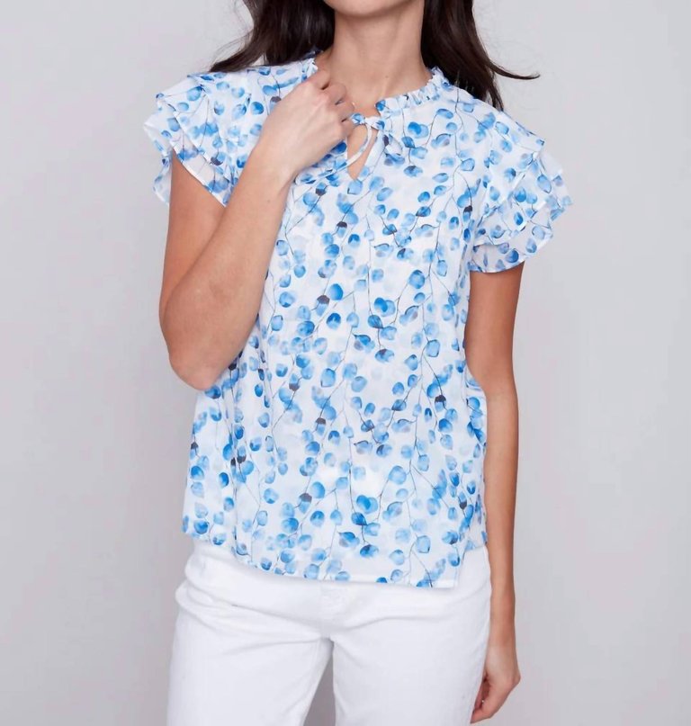 Ruffle Sleeve Blouse In Blue Floral - Blue Floral