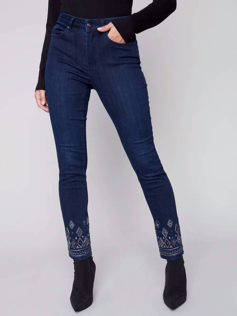 Stetch Embroidered Slim Leg Jeans In Blue Black