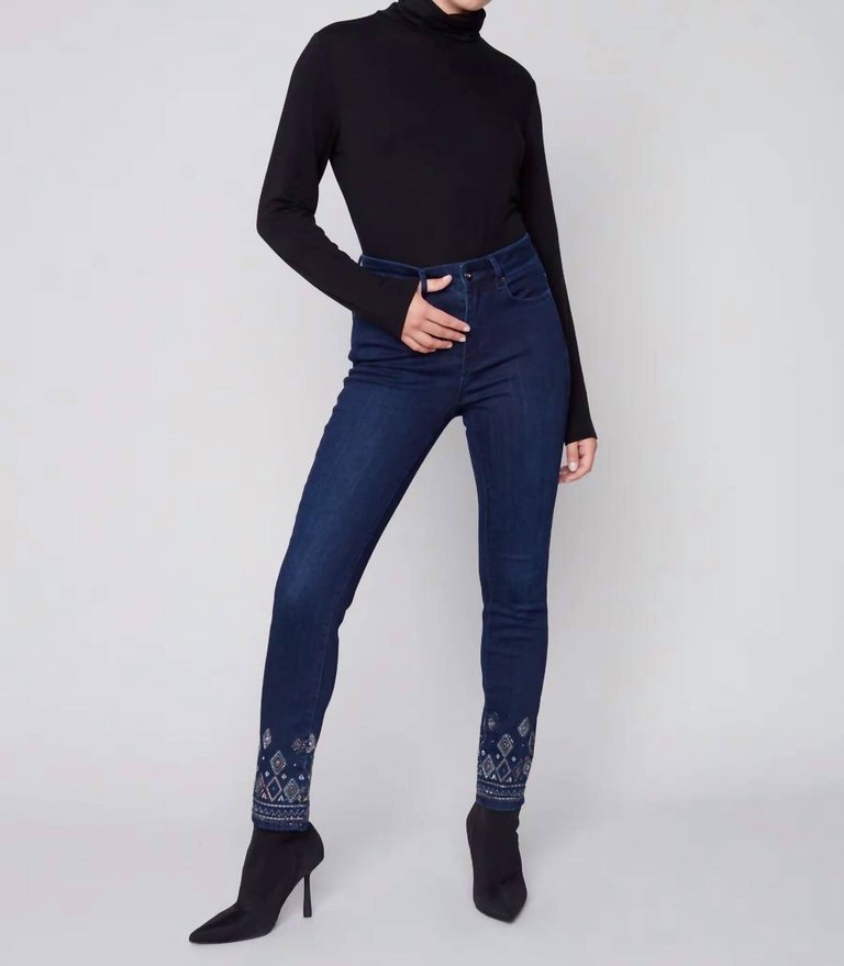 Stetch Embroidered Slim Leg Jeans In Blue Black - Blue Black