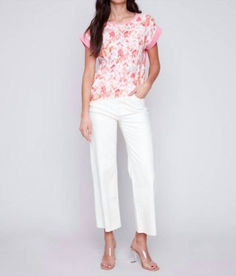 Woven Linen Knit Combo Top In Rose Pink - Rose Pink