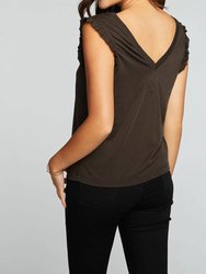 Recycled Vintage Jersey Double V Ruffle Muscle Tank In True Black