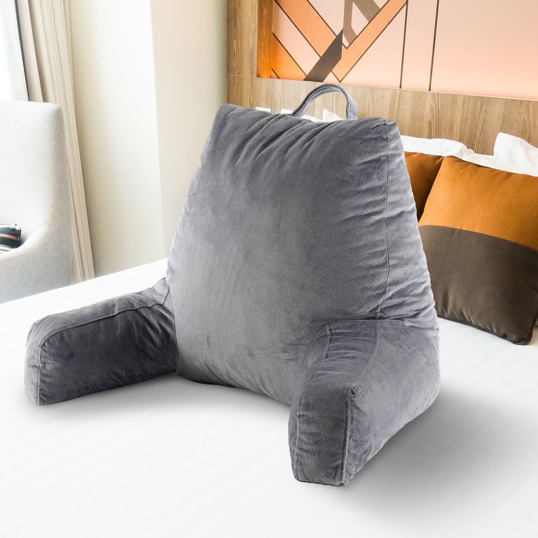 Backrest Reading Pillow - Plush Fiber Filled TV and Gaming Pillow with Armrest - Gray