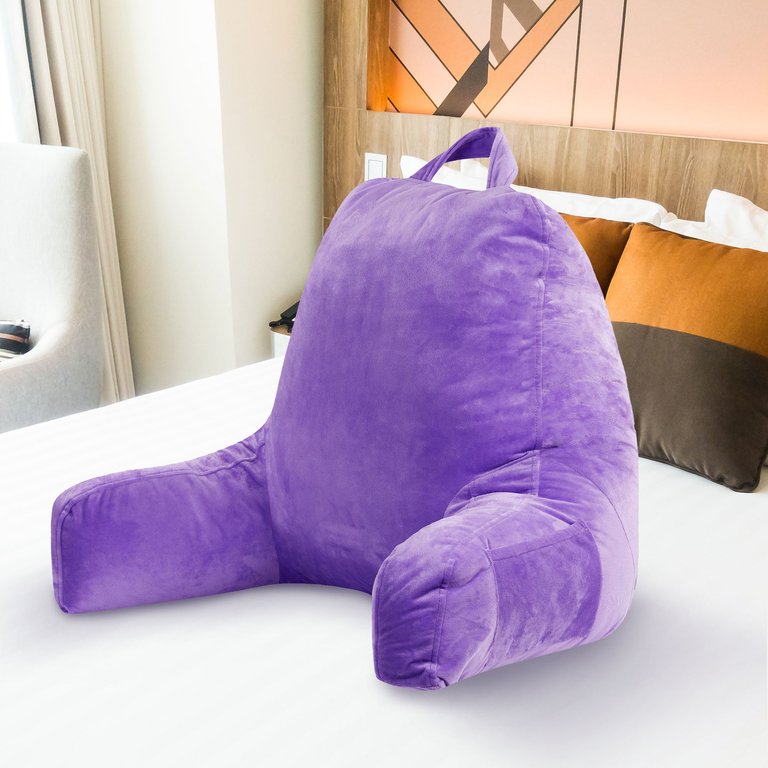 Backrest Reading Pillow - Plush Fiber Filled TV and Gaming Pillow with Armrest - Purple