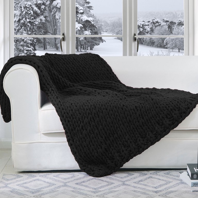 Chunky Cable Knit Throw Blanket - Black