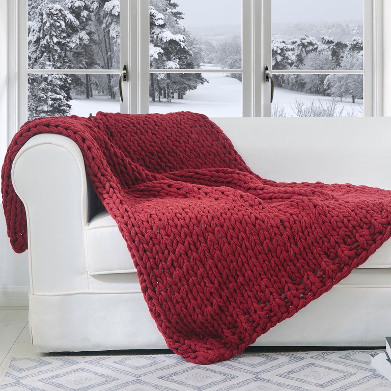 Chunky Cable Knit Throw Blanket - Burgundy
