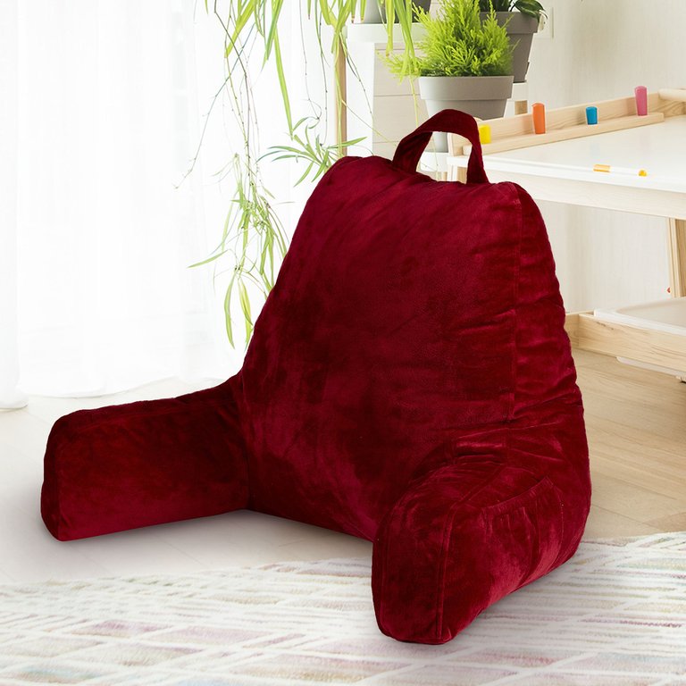 Kids Size Reading and Gaming Pillow with Armrest - Plush Fiber Filled Backrest Pillow - Maroon
