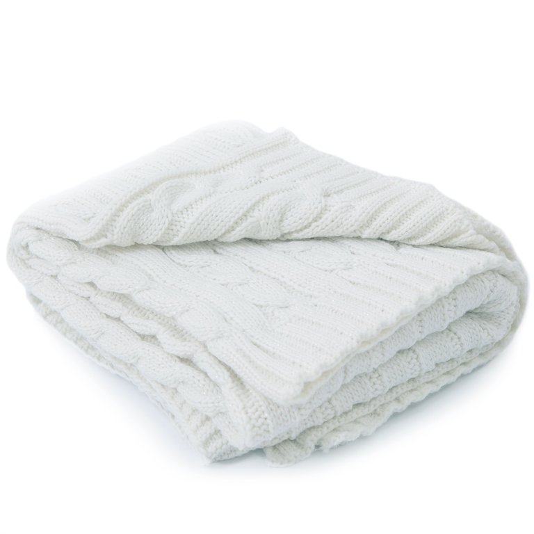 Knitted Throw Blanket, Soft Cable Knit 100% Acrylic Accent Throw  - Ivory
