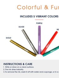 Metallic Colors Wine Glass Markers, Pack of 5 Washable Pens, Easy Erase, Dries Fast