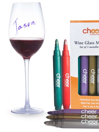 Cheer Collection Metallic Colors Wine Glass Markers, Pack of 5 Washable Pens, Easy Erase, Dries Fast product