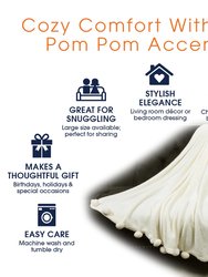 Pom Pom Flannel Blanket | Ultra Soft On Skin, Lightweight Bed Or Couch Throw Blanket With Pompoms - Ivory