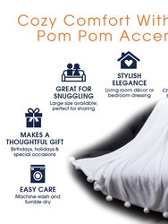 Pom Pom Flannel Blanket | Ultra Soft On Skin, Lightweight Bed Or Couch Throw Blanket With Pompoms - White