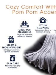 Pom Pom Flannel Blanket | Ultra Soft On Skin, Lightweight Bed Or Couch Throw Blanket With Pompoms - Gray