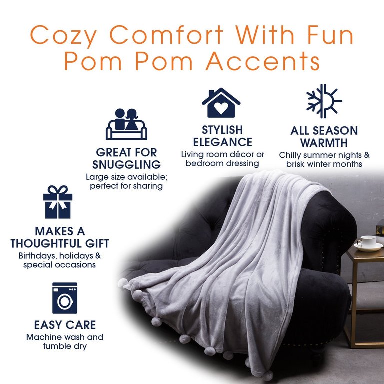 Pom Pom Flannel Blanket | Ultra Soft On Skin, Lightweight Bed Or Couch Throw Blanket With Pompoms - Gray