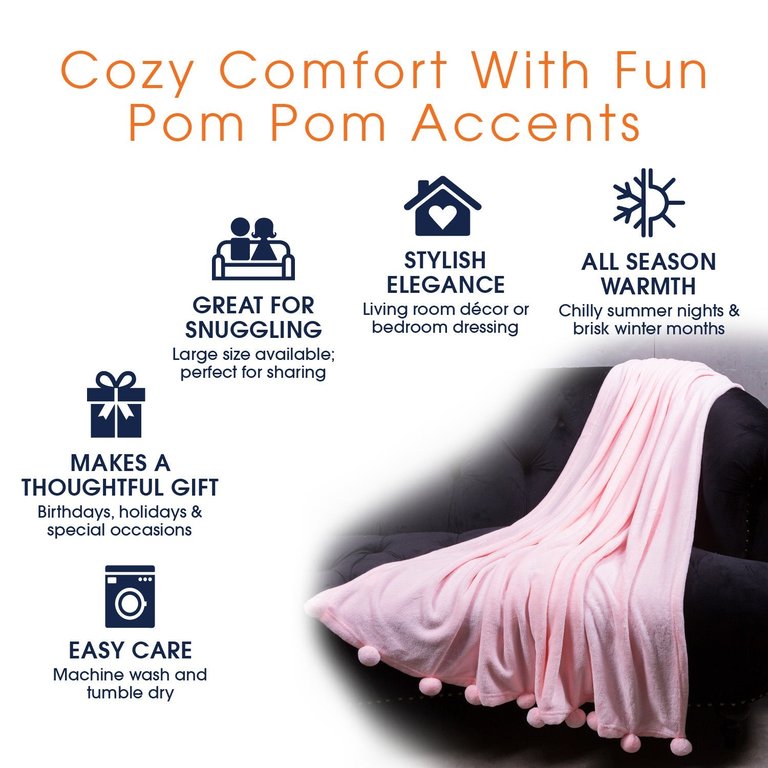Pom Pom Flannel Blanket | Ultra Soft On Skin, Lightweight Bed Or Couch Throw Blanket With Pompoms - Light Pink