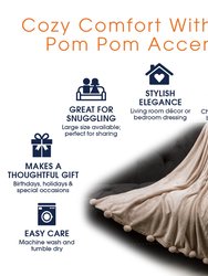 Pom Pom Flannel Blanket | Ultra Soft On Skin, Lightweight Bed Or Couch Throw Blanket With Pompoms - Taupe
