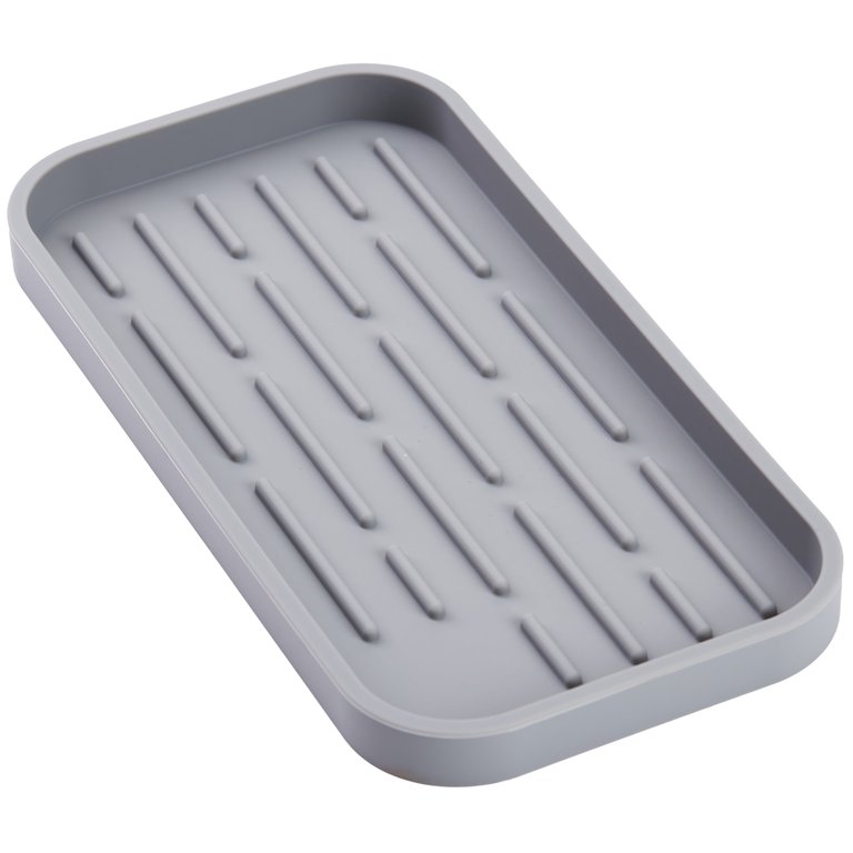 Soap and Sponge Holder - Silicone Non-Slip Kitchen Counter Sink Organizer and Storage Tray - Medium - Grey