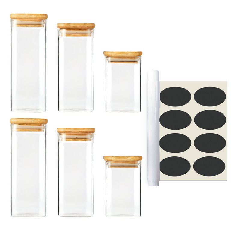 Square Food Storage Glass Jars With Bamboo Covers, Set of 6