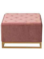 Adeline Storage Ottoman Velvet Upholstered Tufted Seat Gold Tone Metal Base With Discrete Interior Compartment, Modern Contemporary - Blush