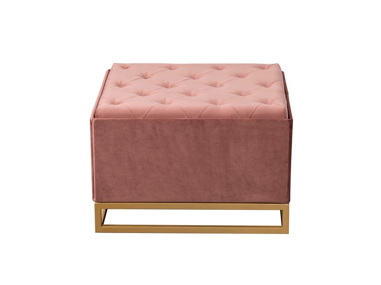 Adeline Storage Ottoman Velvet Upholstered Tufted Seat Gold Tone Metal Base With Discrete Interior Compartment, Modern Contemporary - Blush
