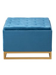 Adeline Storage Ottoman Velvet Upholstered Tufted Seat Gold Tone Metal Base With Discrete Interior Compartment, Modern Contemporary - Blue