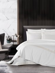 Alford 3 Piece Organic Cotton Duvet Cover Set Solid White With Dual Stripe Embroidered Border Hotel Collection Bedding - Gold