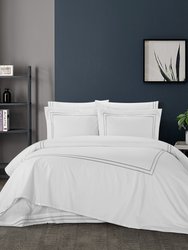 Alford 3 Piece Organic Cotton Duvet Cover Set Solid White With Dual Stripe Embroidered Border Hotel Collection Bedding - Grey