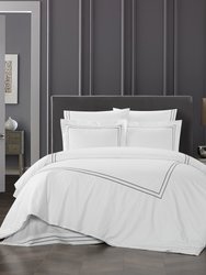 Alford 3 Piece Organic Cotton Duvet Cover Set Solid White With Dual Stripe Embroidered Border Hotel Collection Bedding - Navy