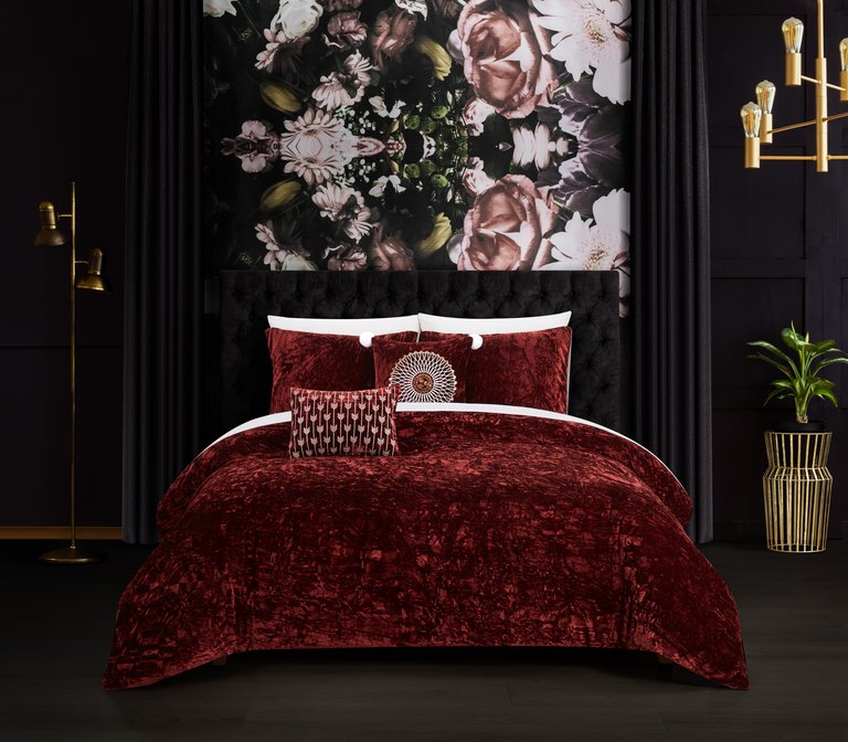 Alianna 5 Piece Comforter Set Crinkle Crushed Velvet Bedding - Burgundy