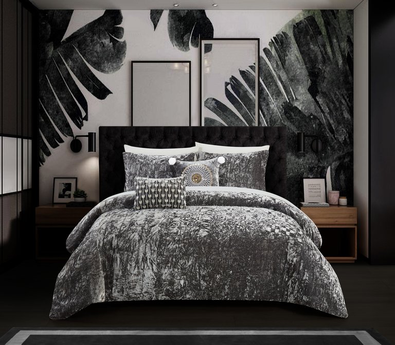 Alianna 5 Piece Comforter Set Crinkle Crushed Velvet Bedding - Grey