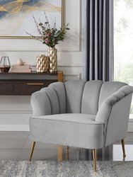 Alicia Club Chair Velvet Upholstered Vertical Channel Tufted Single Bench Cushion Design Gold Tone Metal Legs, Modern Contemporary - Grey