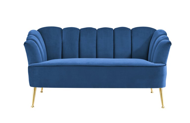 Alicia Love Seat Velvet Upholstered Vertical Channel Tufted Single Bench Cushion Design Gold Tone Metal Legs, Modern Contemporary - Navy