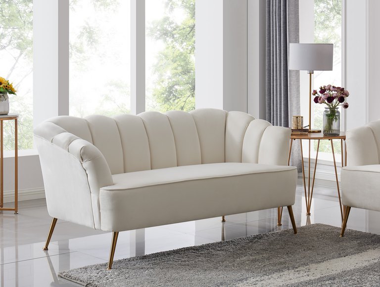 Alicia Love Seat Velvet Upholstered Vertical Channel Tufted Single Bench Cushion Design Gold Tone Metal Legs, Modern Contemporary - Beige