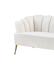 Alicia Love Seat Velvet Upholstered Vertical Channel Tufted Single Bench Cushion Design Gold Tone Metal Legs, Modern Contemporary