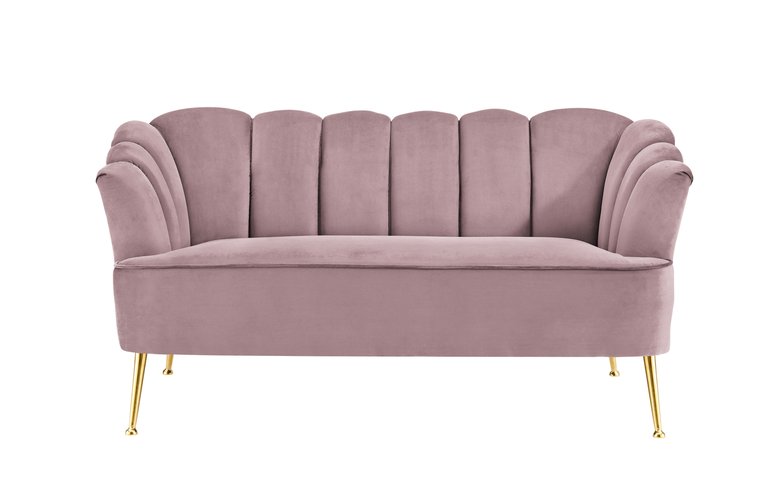 Alicia Love Seat Velvet Upholstered Vertical Channel Tufted Single Bench Cushion Design Gold Tone Metal Legs, Modern Contemporary - Blush