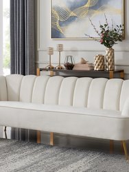 Alicia Sofa Velvet Upholstered Vertical Channel Tufted Single Bench Cushion Design Gold Tone Metal Legs, Modern Contemporary - Beige