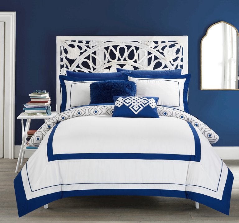 Alon 9 Piece Reversible Comforter Set Bed In A Bag Contemporary Hotel Collection Bold Lines Design Geometric Pattern Print Bedding - Blue