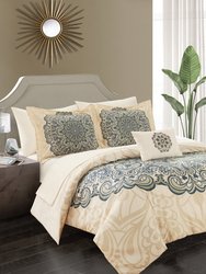 Amina 8 Piece Reversible Comforter Set Large Scale Boho Inspired Medallion Paisley Print Design Bed In A Bag - Beige